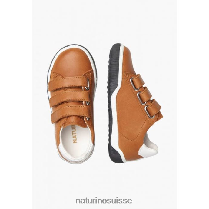 enfants falaise vl T88FLL518 Naturino baskets en cuir avec velcro blanc-cognac