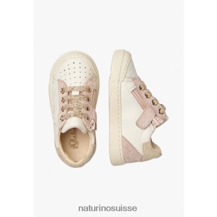 enfants faux zip T88FLL477 Naturino baskets en cuir et daim platine-rose poudré