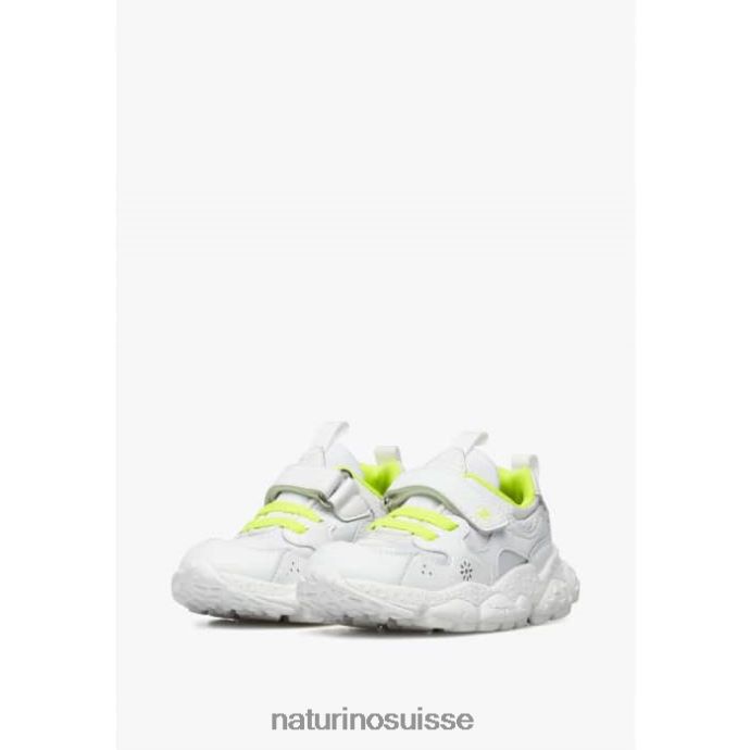 enfants yamano 3 vl junior. T88FLL41 Naturino baskets en similicuir et tissu technique blanc-jaune fluo