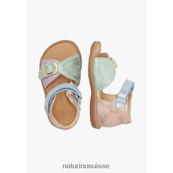 enfants jade T88FLL245 Naturino sandales en cuir et daim rose-bleu clair-vert